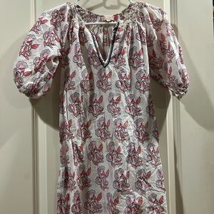 Pink chicken girl floral embroidered pullover cotton dress puffy sleeve size 10Y